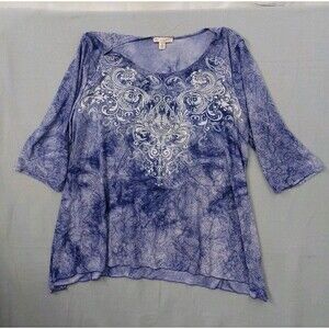 db Womens Top Blouse 2X Purple Floral Rhinestone Sparkle Sharkbite Hem